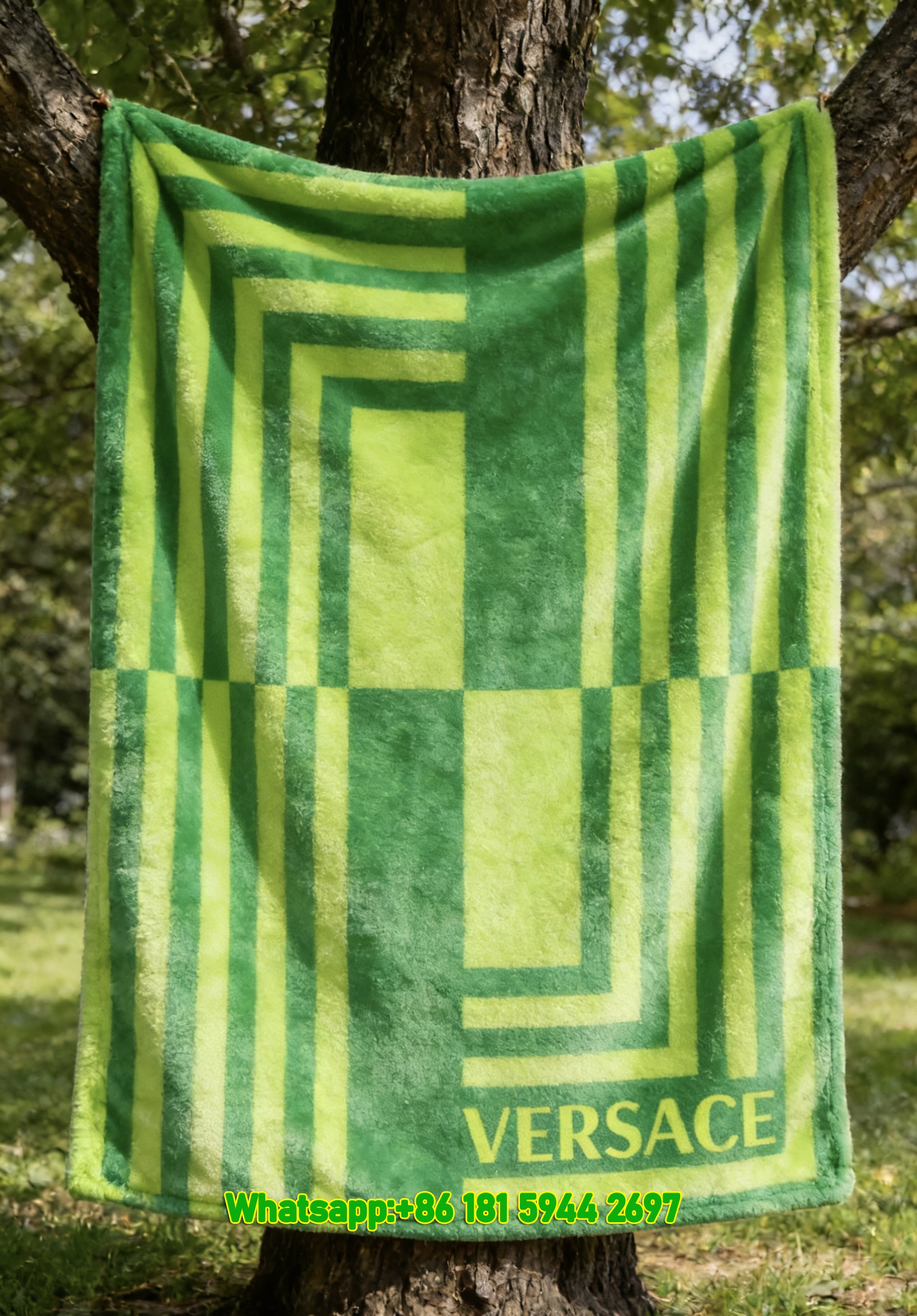 Versace Neon Green Geometric Stripe Print Flannel Sofa Throw Blanket IMG_1662